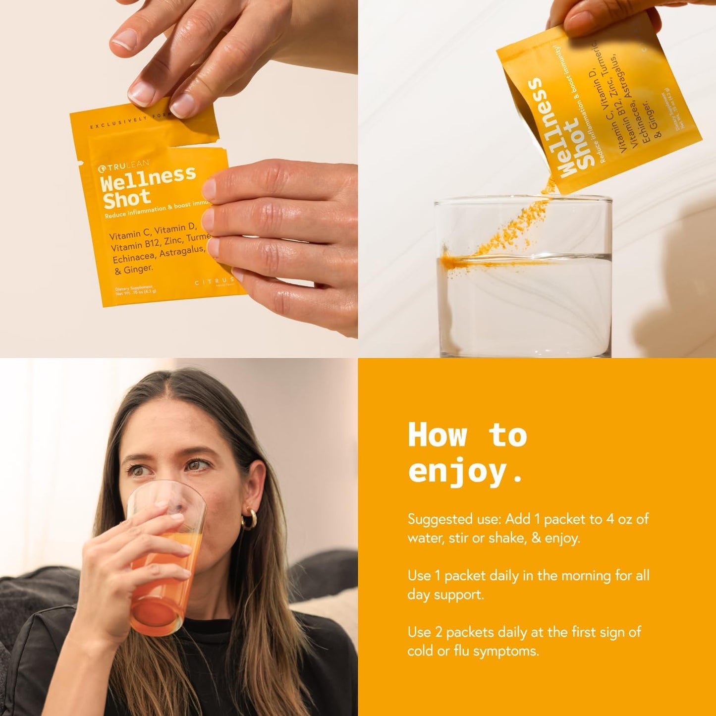 TRULEAN Everyday Wellness Immune Support and Vitamin Shot with Vitamin-C, Turmeric, Ginger, Zinc, & Echinacea - Sugar-Free & Gluten-Free - 30 Packets