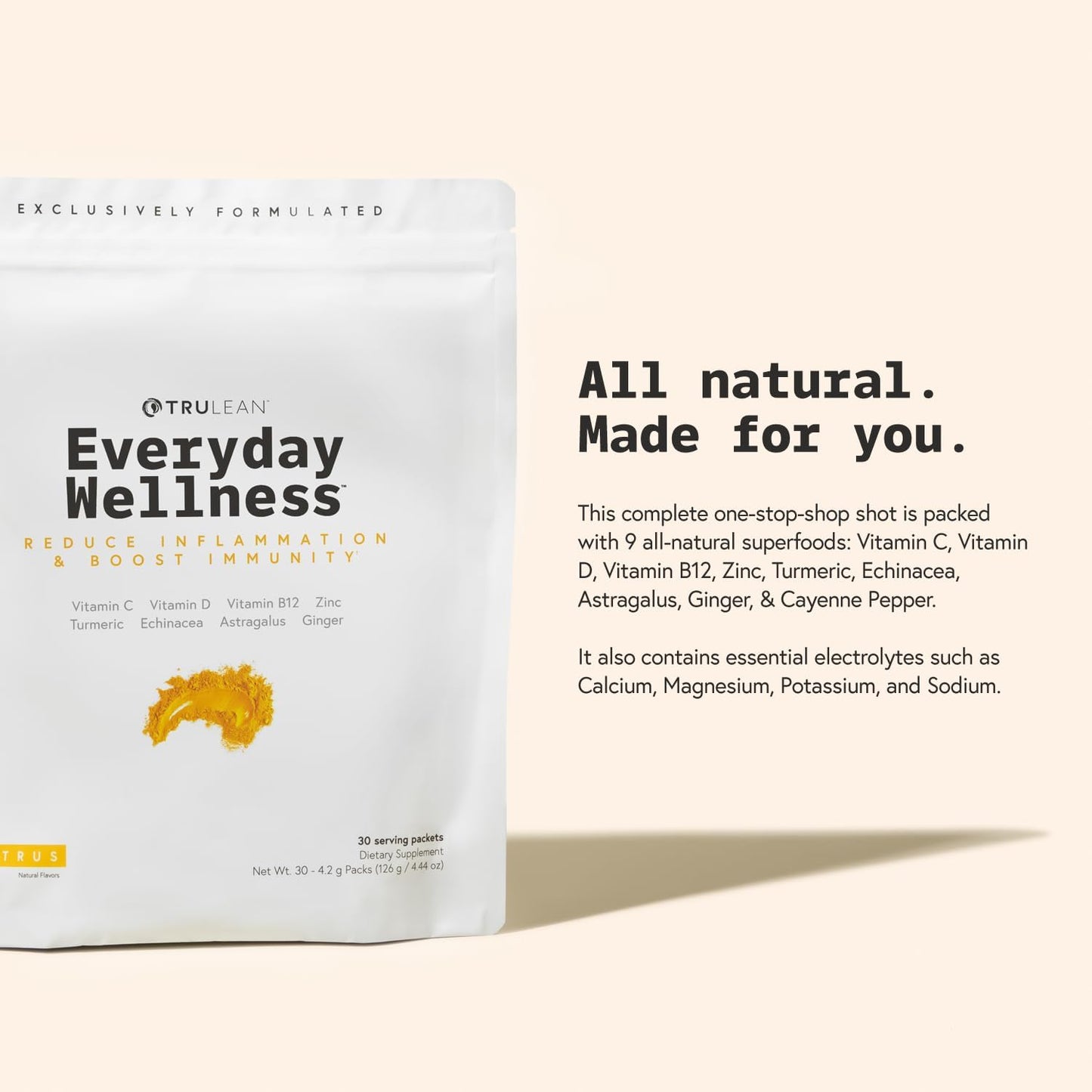 TRULEAN Everyday Wellness Immune Support and Vitamin Shot with Vitamin-C, Turmeric, Ginger, Zinc, & Echinacea - Sugar-Free & Gluten-Free - 30 Packets