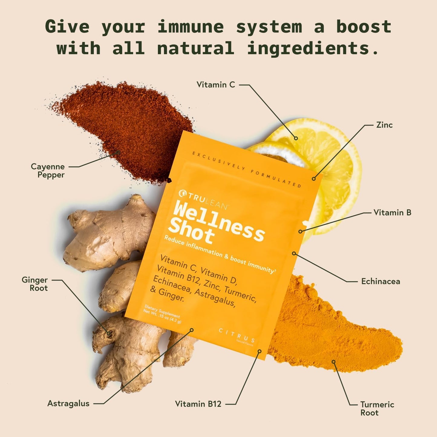 TRULEAN Everyday Wellness Immune Support and Vitamin Shot with Vitamin-C, Turmeric, Ginger, Zinc, & Echinacea - Sugar-Free & Gluten-Free - 30 Packets