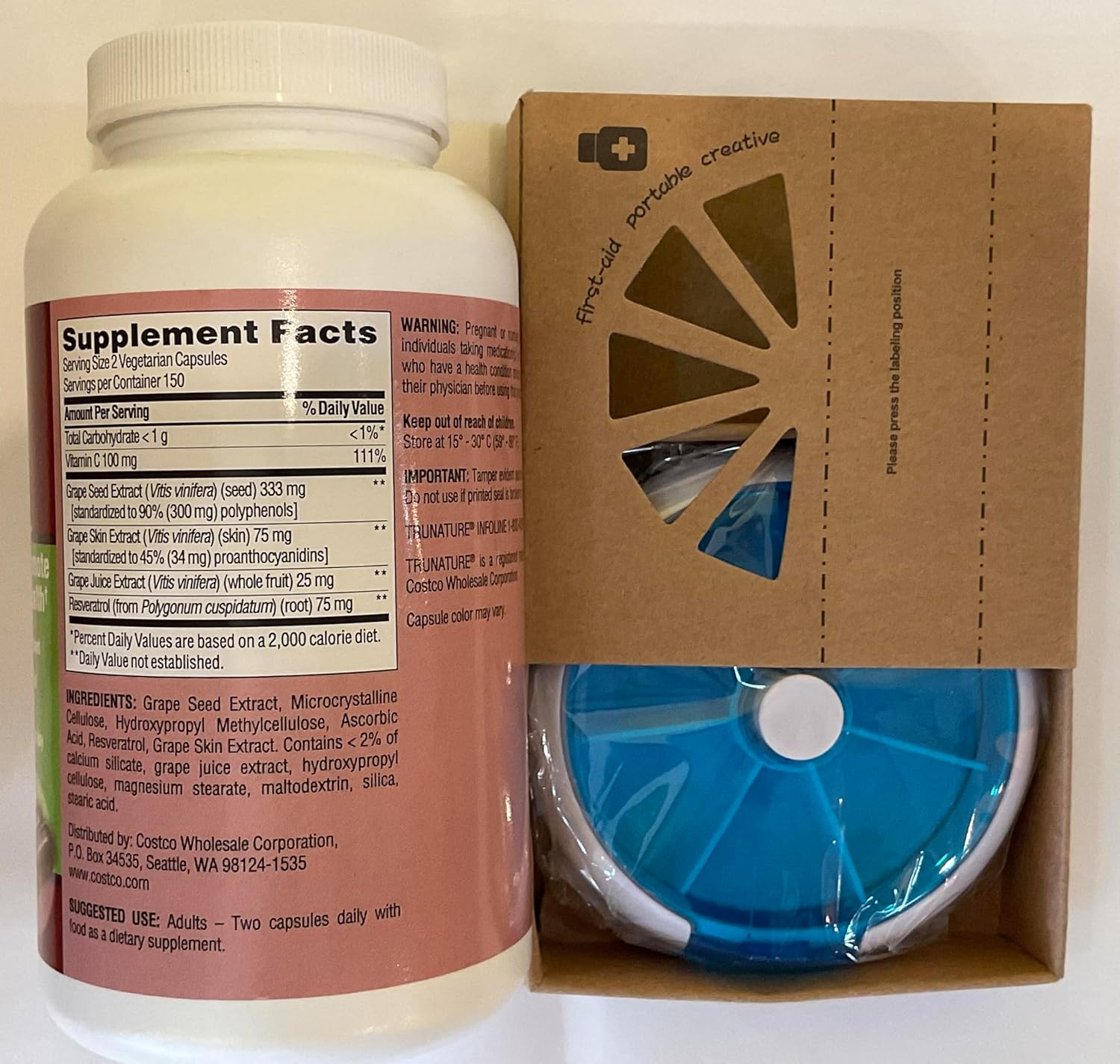 TruNature Grapeseed with Resveratrol 300 Capsules + HealthEmpire Pill Organizer Bundle - 1 Pack