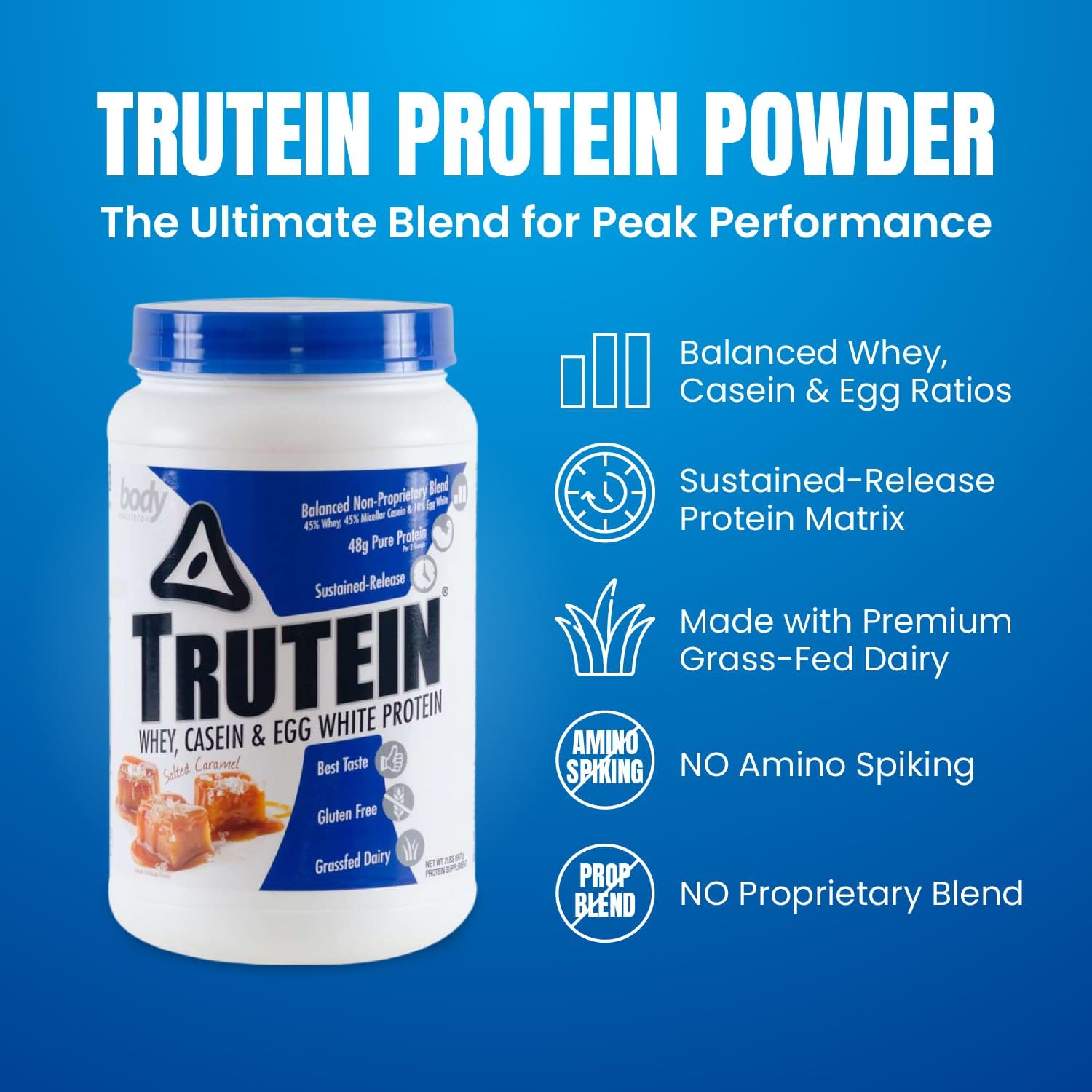 Trutein High Protein Powder: Grass Fed Whey, Gluten-Free, Low Sodium, Salted Caramel Flavor, 2lb Size for Gym & Breakfast Shake