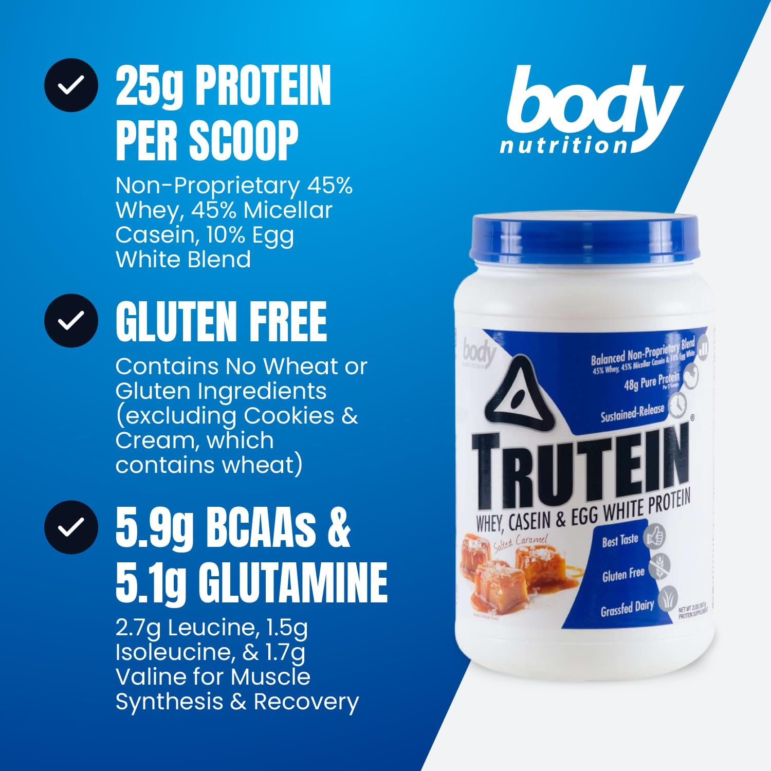 Trutein High Protein Powder: Grass Fed Whey, Gluten-Free, Low Sodium, Salted Caramel Flavor, 2lb Size for Gym & Breakfast Shake