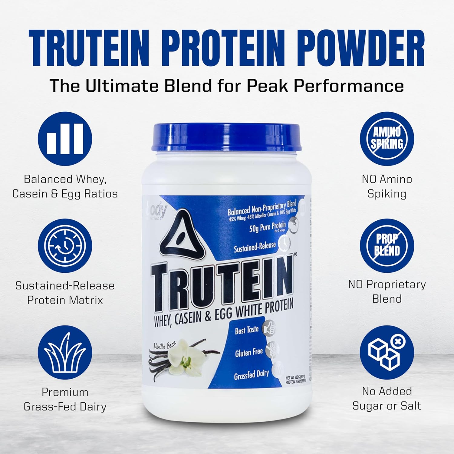 Trutein High Protein Powder Vanilla Bean Flavor - Gluten-Free Blend of Whey, Casein, and Egg White Protein for Men & Women - Low Carb, Low Sodium Supplement Powder - 2lb Jar
