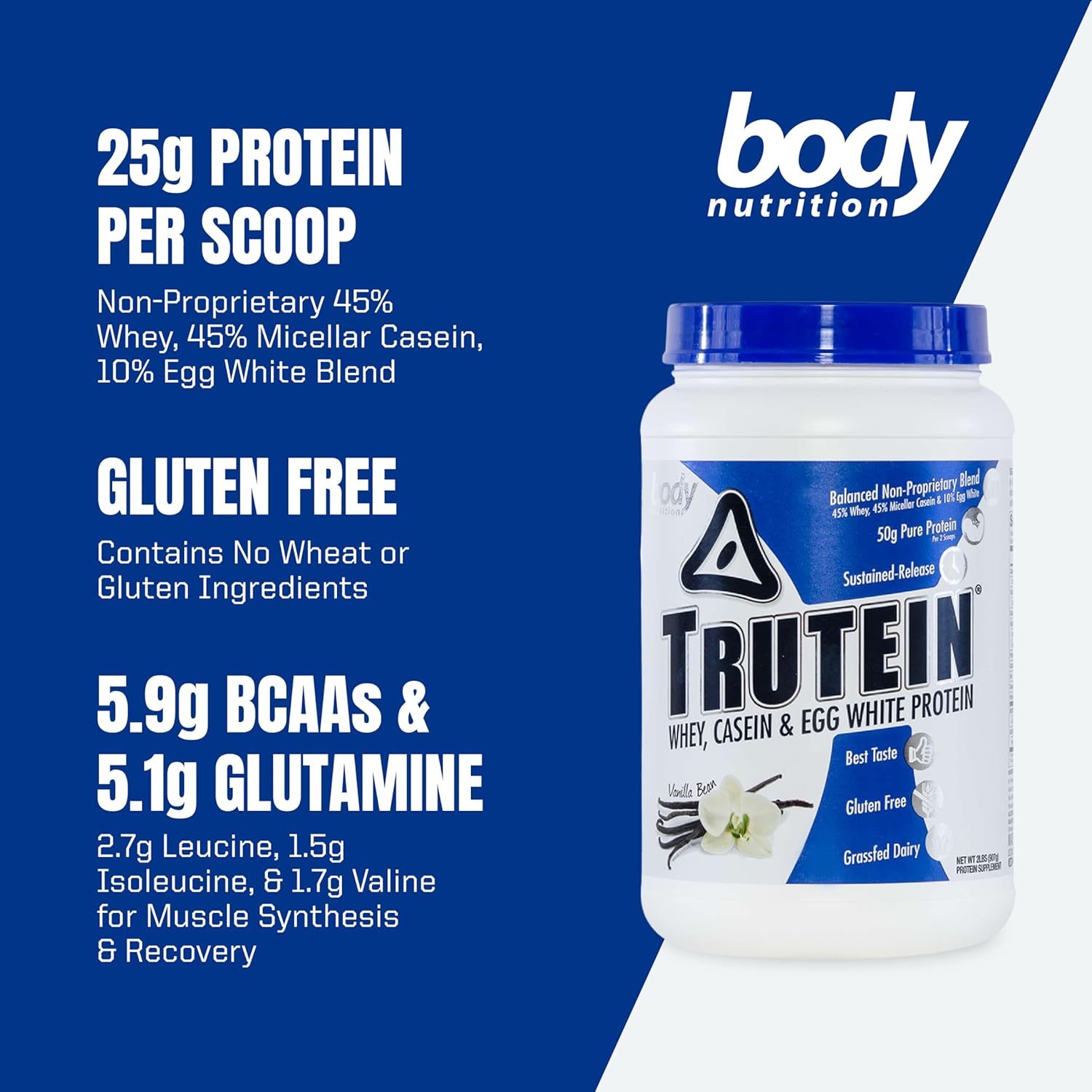 Trutein High Protein Powder Vanilla Bean Flavor - Gluten-Free Blend of Whey, Casein, and Egg White Protein for Men & Women - Low Carb, Low Sodium Supplement Powder - 2lb Jar