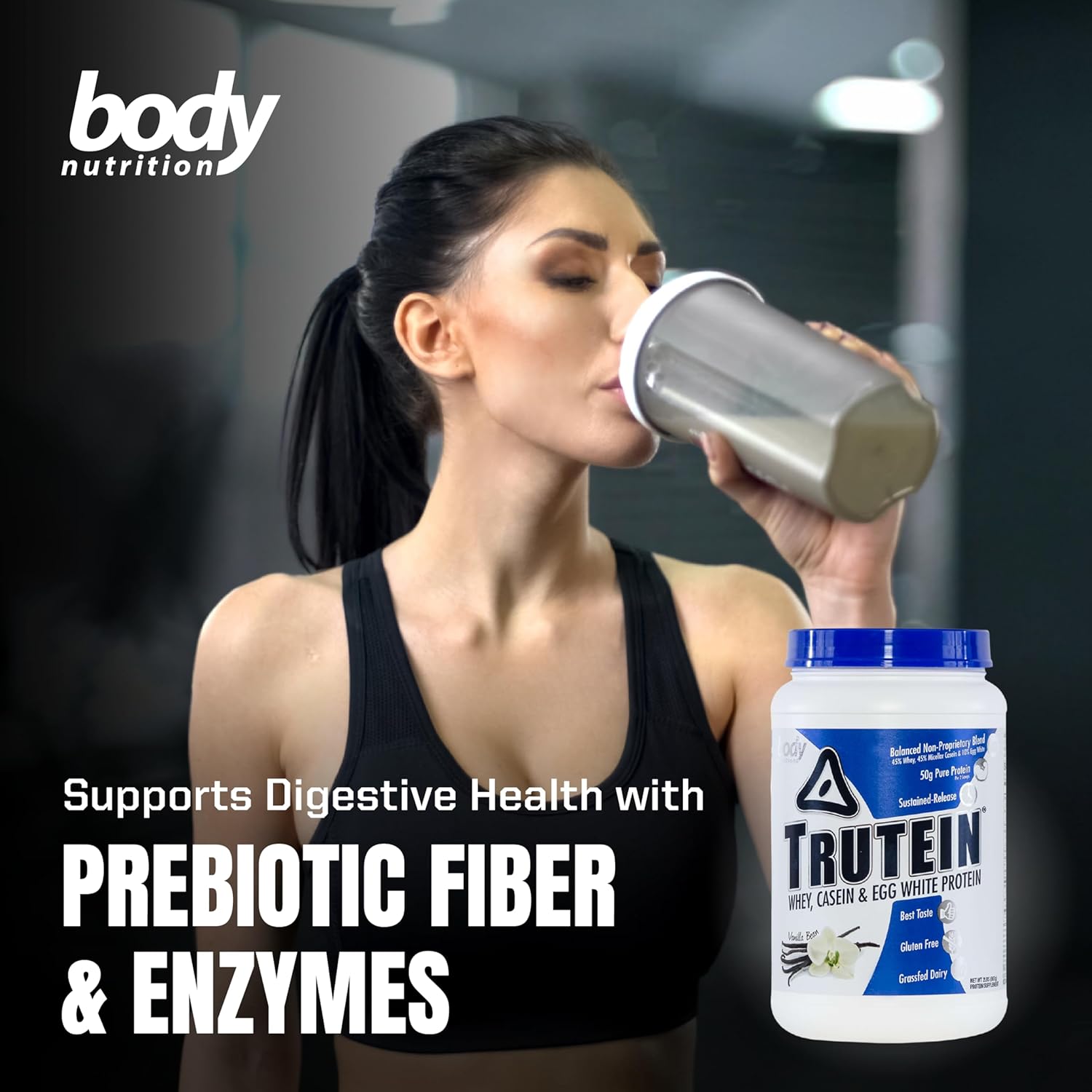 Trutein High Protein Powder Vanilla Bean Flavor - Gluten-Free Blend of Whey, Casein, and Egg White Protein for Men & Women - Low Carb, Low Sodium Supplement Powder - 2lb Jar