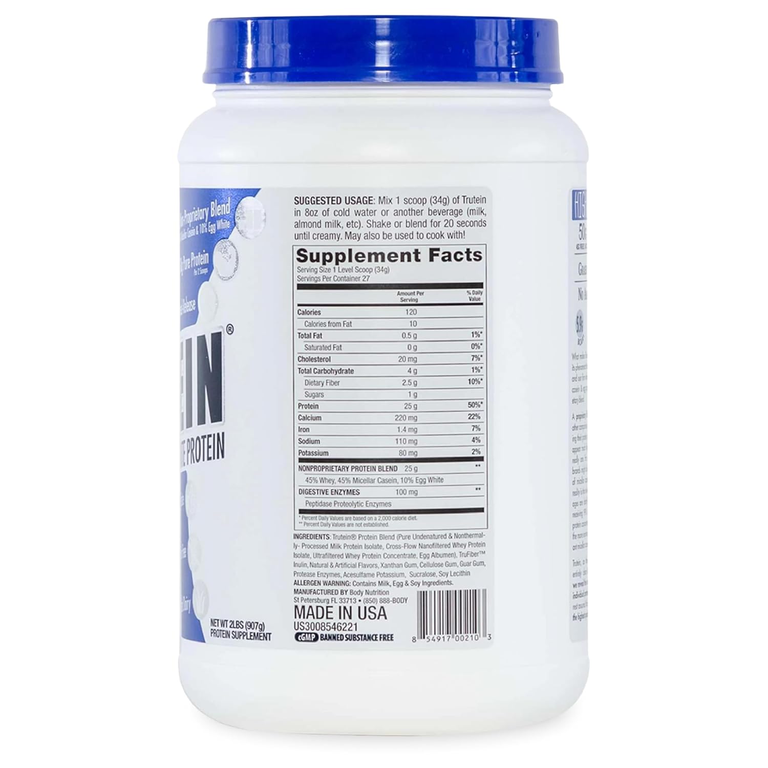 Trutein High Protein Powder Vanilla Bean Flavor - Gluten-Free Blend of Whey, Casein, and Egg White Protein for Men & Women - Low Carb, Low Sodium Supplement Powder - 2lb Jar