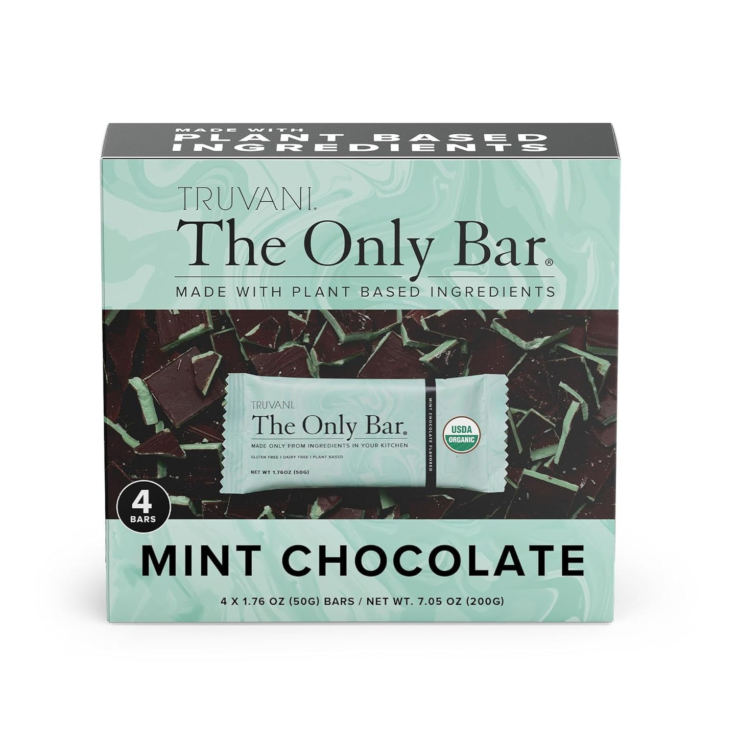 Truvani Chocolate Mint Plant Based Snack Bars - 4 Pack, 7g Protein, USDA Organic, Vegan, Individually Wrapped, Dairy/Soy/Gluten Free