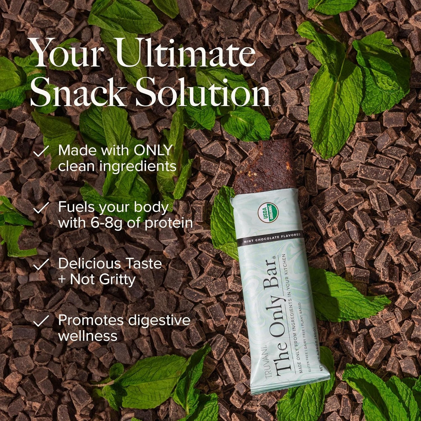 Truvani Chocolate Mint Plant Based Snack Bars - 4 Pack, 7g Protein, USDA Organic, Vegan, Individually Wrapped, Dairy/Soy/Gluten Free