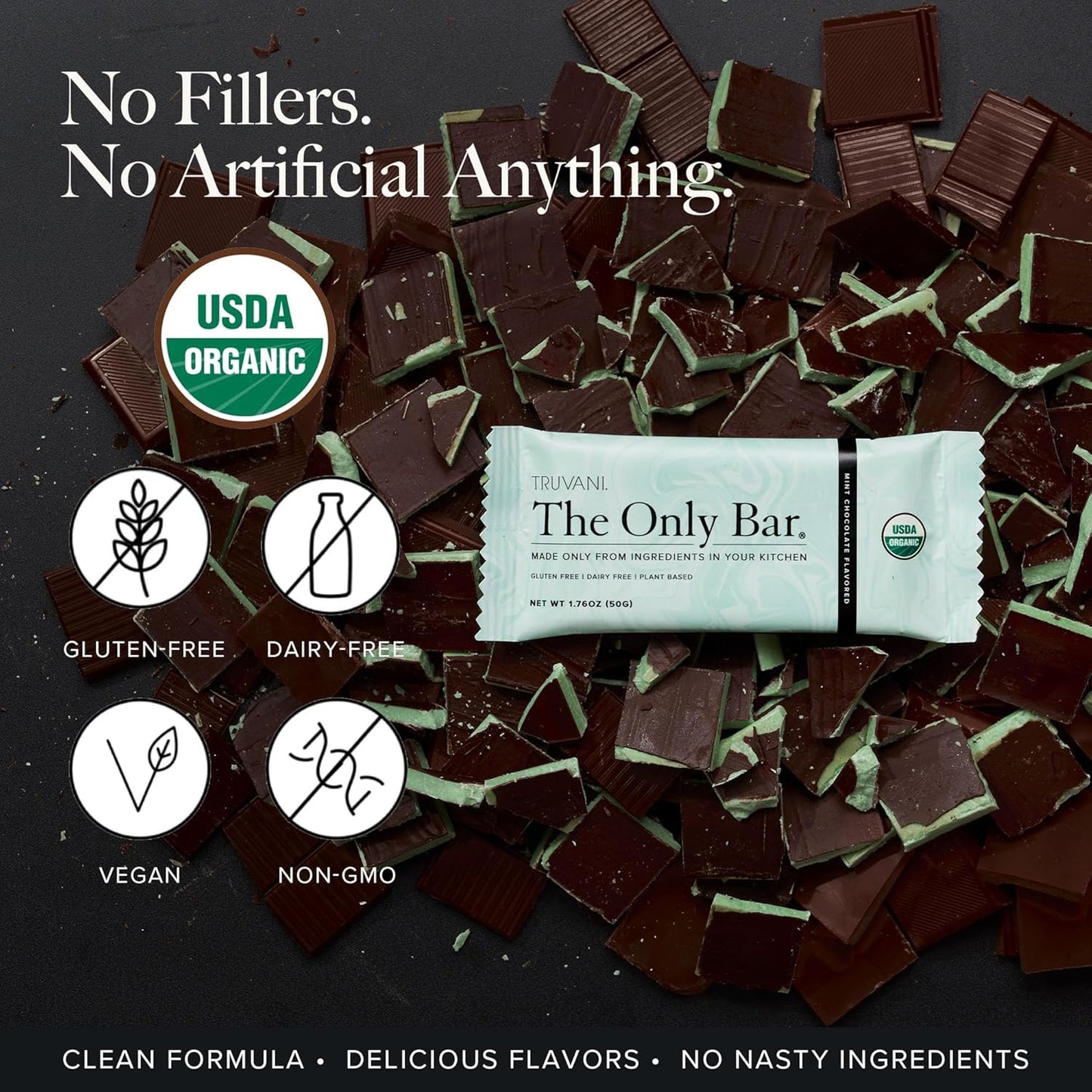 Truvani Chocolate Mint Plant Based Snack Bars - 4 Pack, 7g Protein, USDA Organic, Vegan, Individually Wrapped, Dairy/Soy/Gluten Free