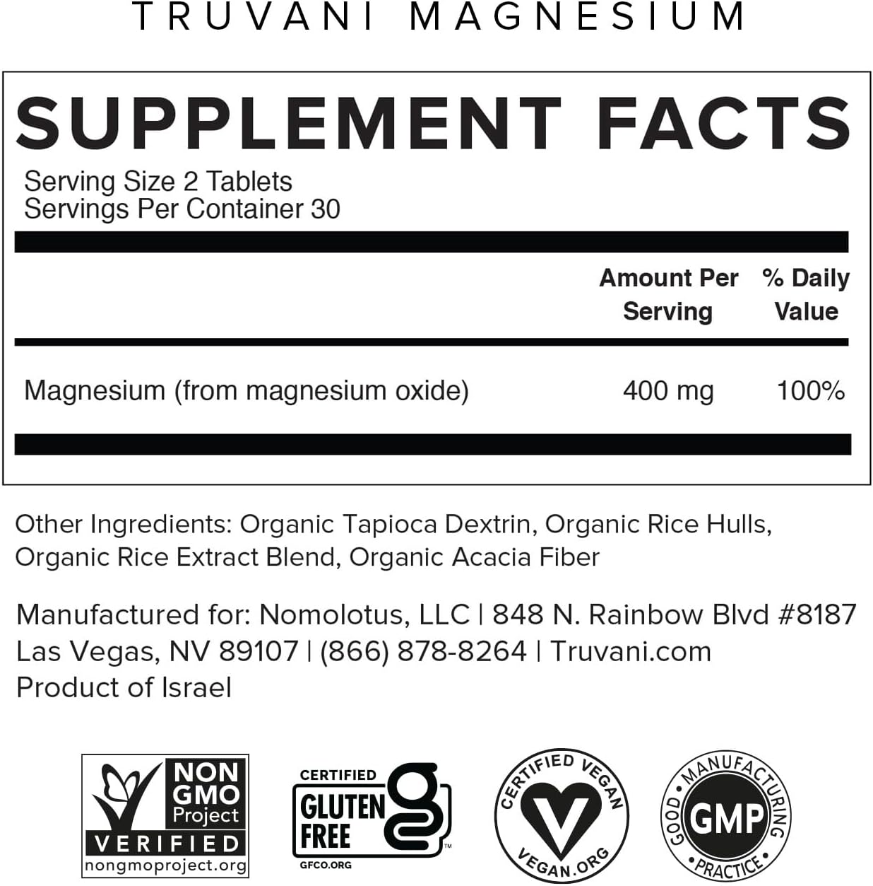 Truvani Magnesium Oxide Tablets - 400mg | 60 Tablets | Promotes Calm Sleep, Bone & Muscle Health | Non-GMO Vegan Formula