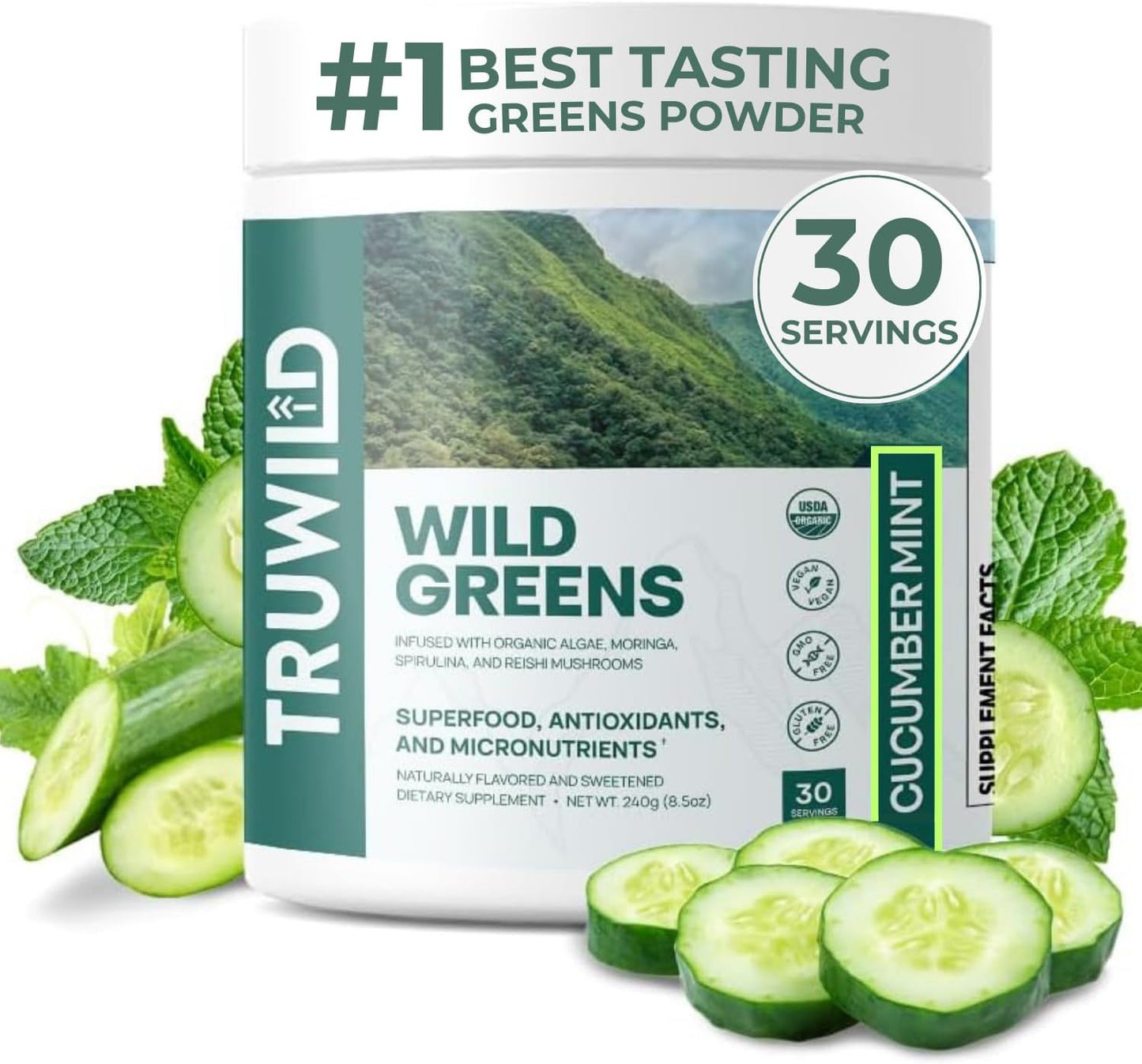 TruWild Greens Superfood Juice Powder - 22+ Greens & Anti-Oxidants - Cucumber Mint Flavor - Natural Immune, Stress, and Digestion Support - 30 Servings
