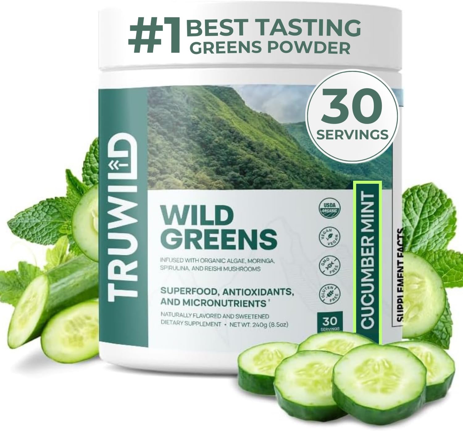 TruWild Greens Superfood Juice Powder - 22+ Greens & Anti-Oxidants - Cucumber Mint Flavor - Natural Immune, Stress, and Digestion Support - 30 Servings