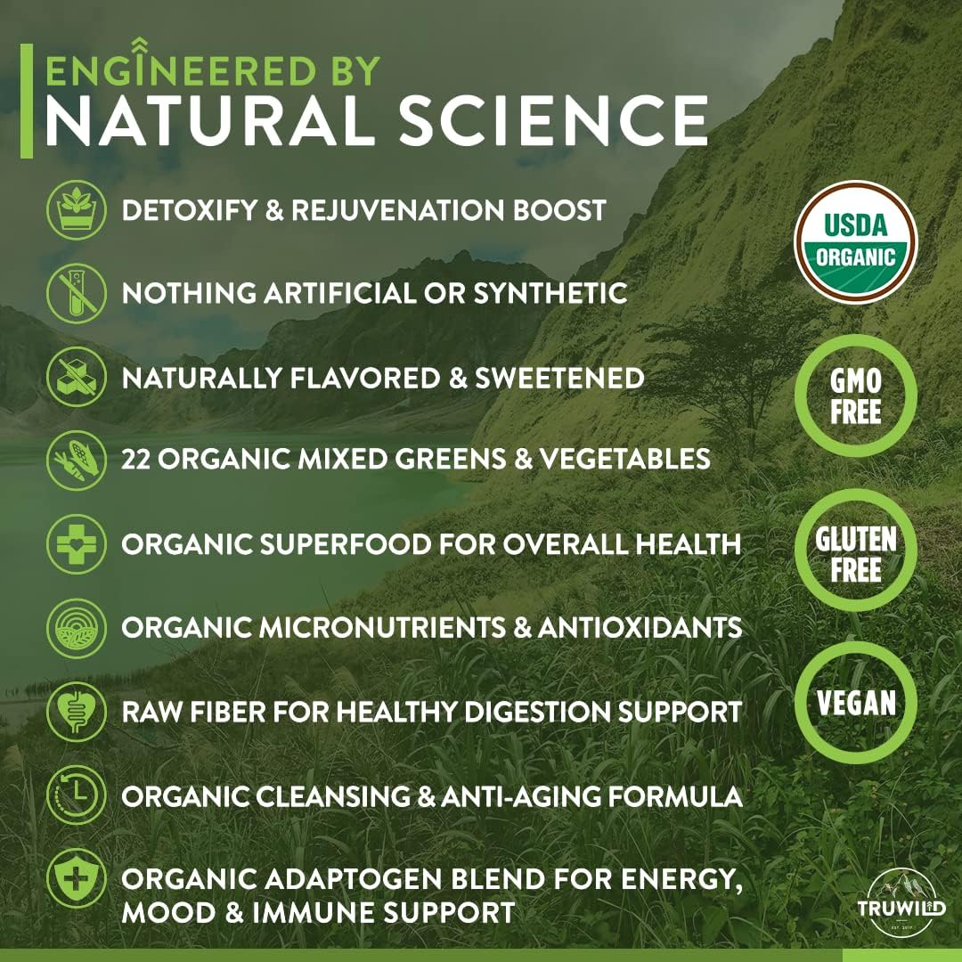 TruWild Greens Superfood Juice Powder - 22+ Greens & Anti-Oxidants - Cucumber Mint Flavor - Natural Immune, Stress, and Digestion Support - 30 Servings