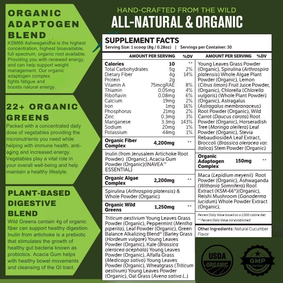 TruWild Greens Superfood Juice Powder - 22+ Greens & Anti-Oxidants - Cucumber Mint Flavor - Natural Immune, Stress, and Digestion Support - 30 Servings