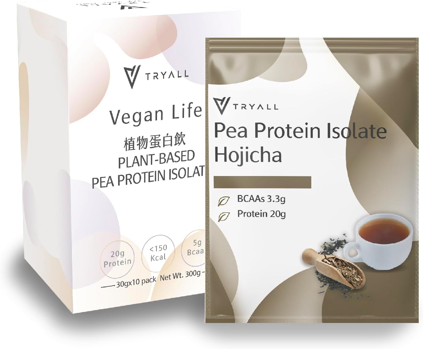 TRYALL Plant-Based Pea Protein Isolate Powder Travel Sachets - 20g Protein, Hojicha Flavor, 10 Packs