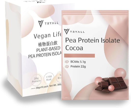 TRYALL Plant Based Pea Protein Isolate Powder Travel Sachets - Cocoa Milk Flavor, 10 Pack - 22g Protein