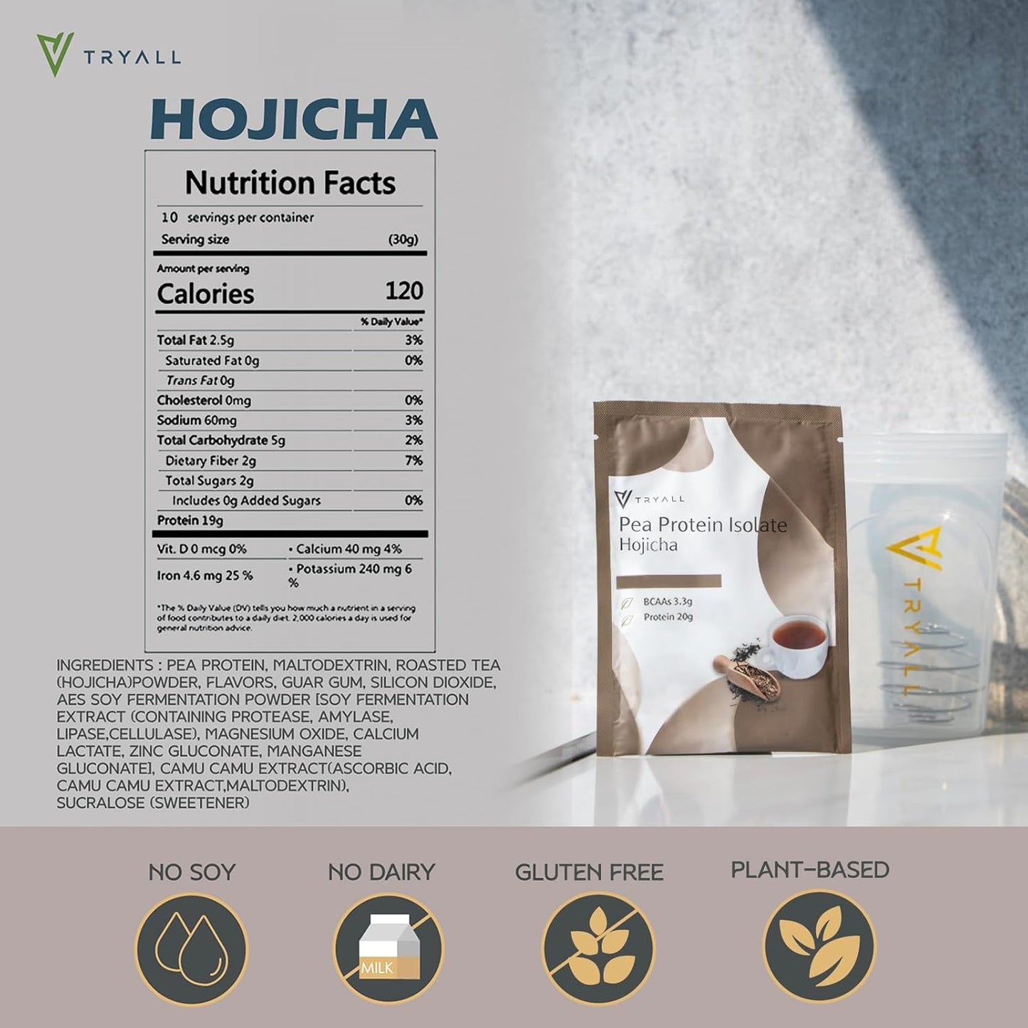 TRYALL Plant-Based Pea Protein Isolate Powder Travel Sachets - 20g Protein, Hojicha Flavor, 10 Packs