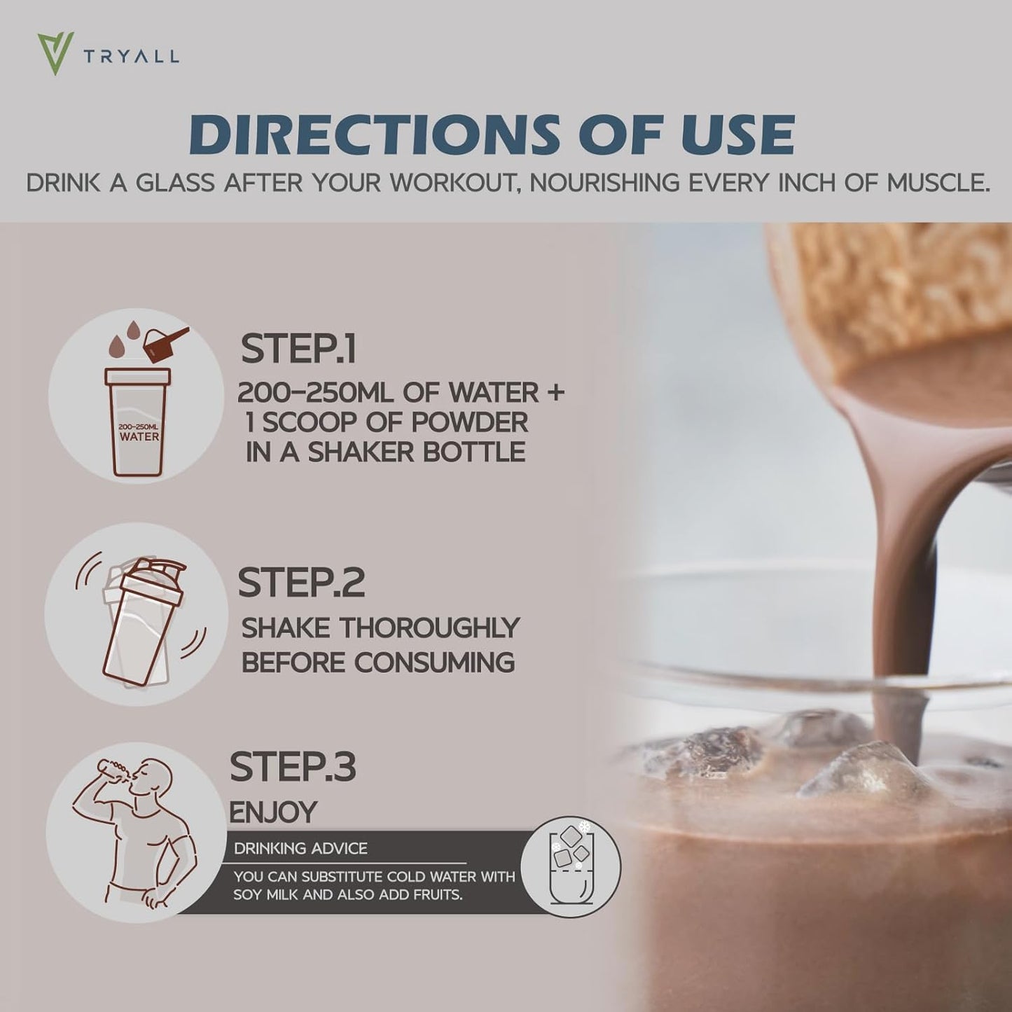 TRYALL Plant Based Pea Protein Isolate Powder Travel Sachets - Cocoa Milk Flavor, 10 Pack - 22g Protein