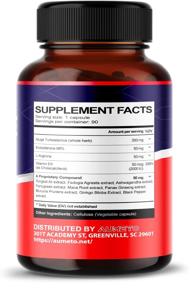 Turkesterone Supplement with L-Arginine, Tongkat Ali, Ginseng, Maca Root, Vitamin D3 - Energy, Endurance & Male Vitality Support - 90 Count