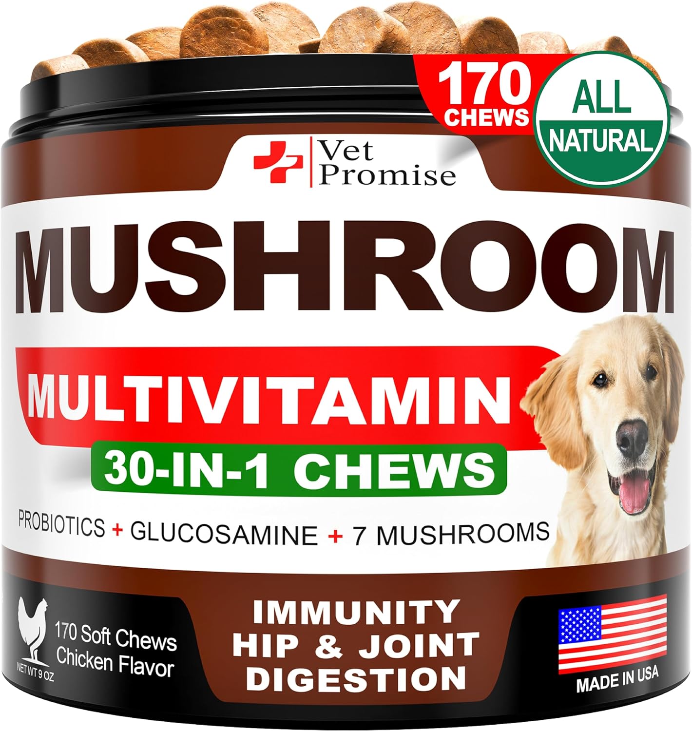 Turkey Tail & Lions Mane Mushroom Chews for Dogs - Immunity & Joint Support - 170 Count - Made in USA