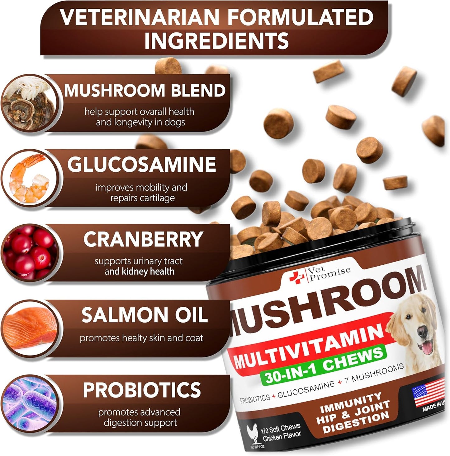 Turkey Tail & Lions Mane Mushroom Chews for Dogs - Immunity & Joint Support - 170 Count - Made in USA
