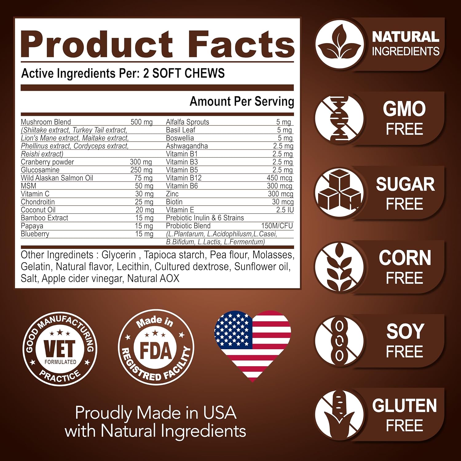 Turkey Tail & Lions Mane Mushroom Chews for Dogs - Immunity & Joint Support - 170 Count - Made in USA