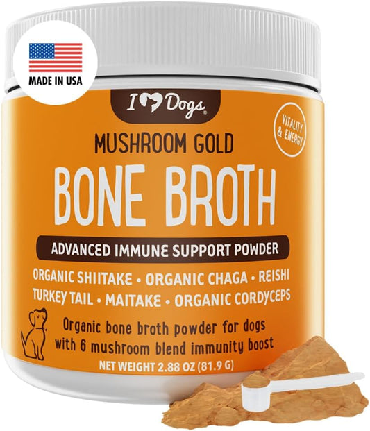 Turkey Tail Mushroom Bone Broth Powder Supplement for Dogs - Boost Immune System, Mobility, Flexibility, and Detox - iHeartDogs