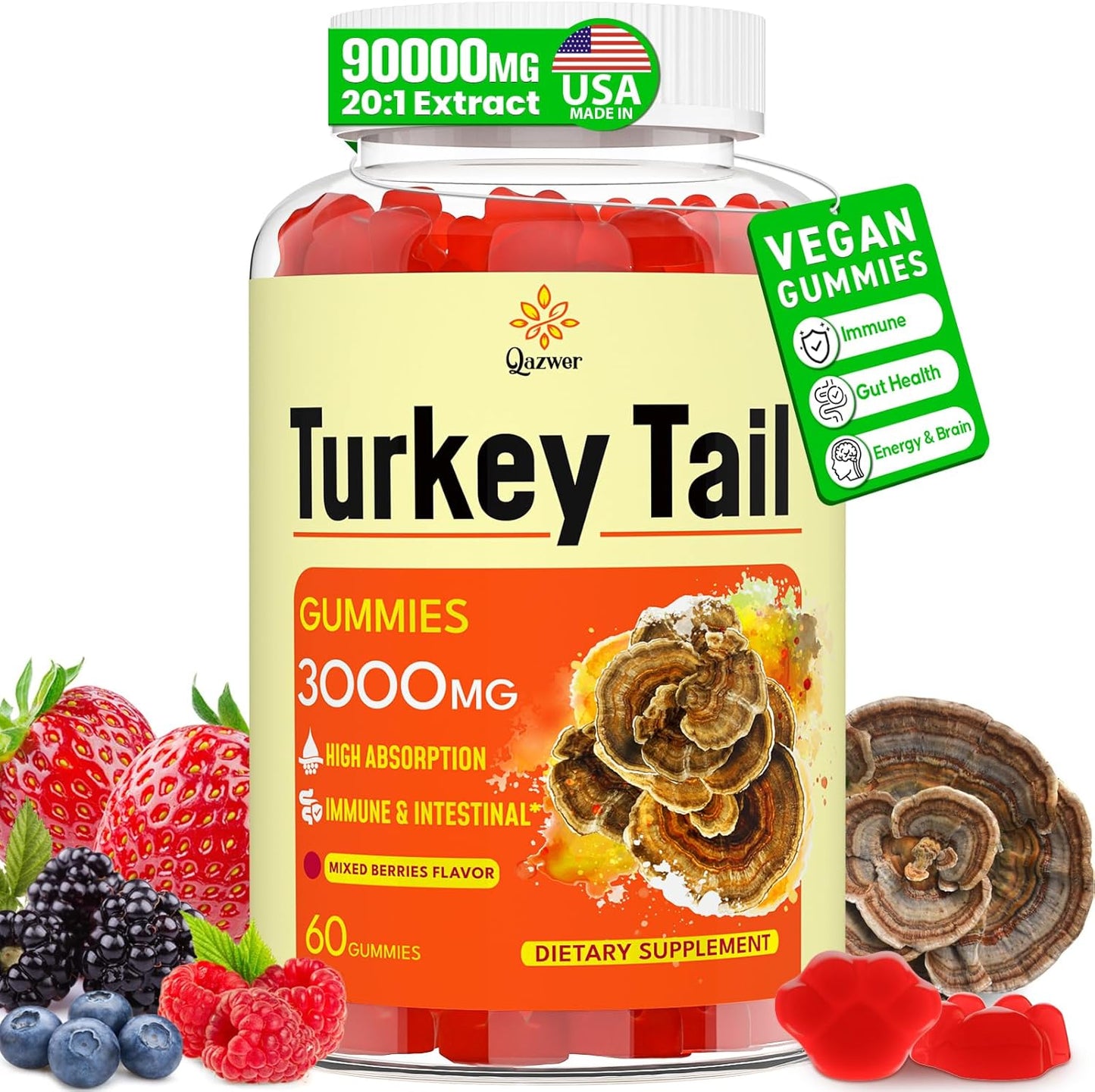 Turkey Tail Mushroom Gummies with Black Pepper for Gut, Energy, Brain & Immune Support - Mixed Berries Flavor - 60ct Vegan Non-GMO Supplement