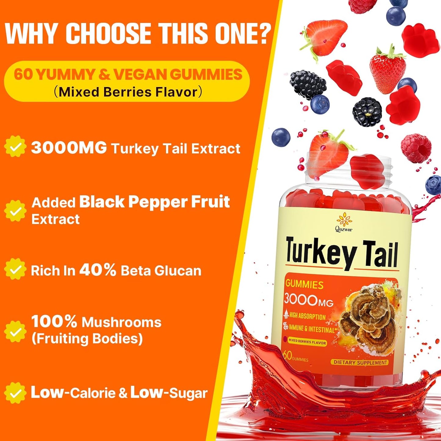 Turkey Tail Mushroom Gummies with Black Pepper for Gut, Energy, Brain & Immune Support - Mixed Berries Flavor - 60ct Vegan Non-GMO Supplement