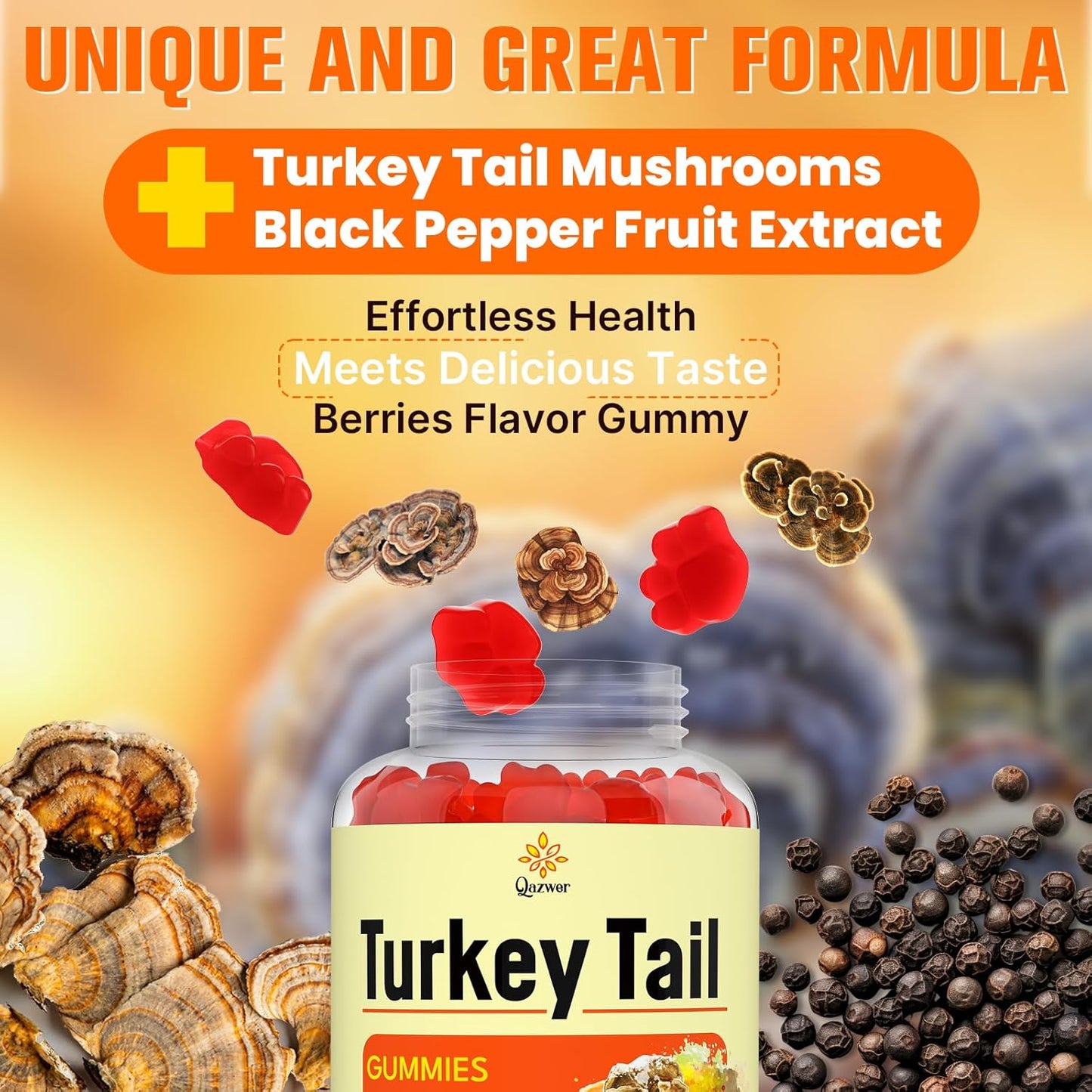 Turkey Tail Mushroom Gummies with Black Pepper for Gut, Energy, Brain & Immune Support - Mixed Berries Flavor - 60ct Vegan Non-GMO Supplement