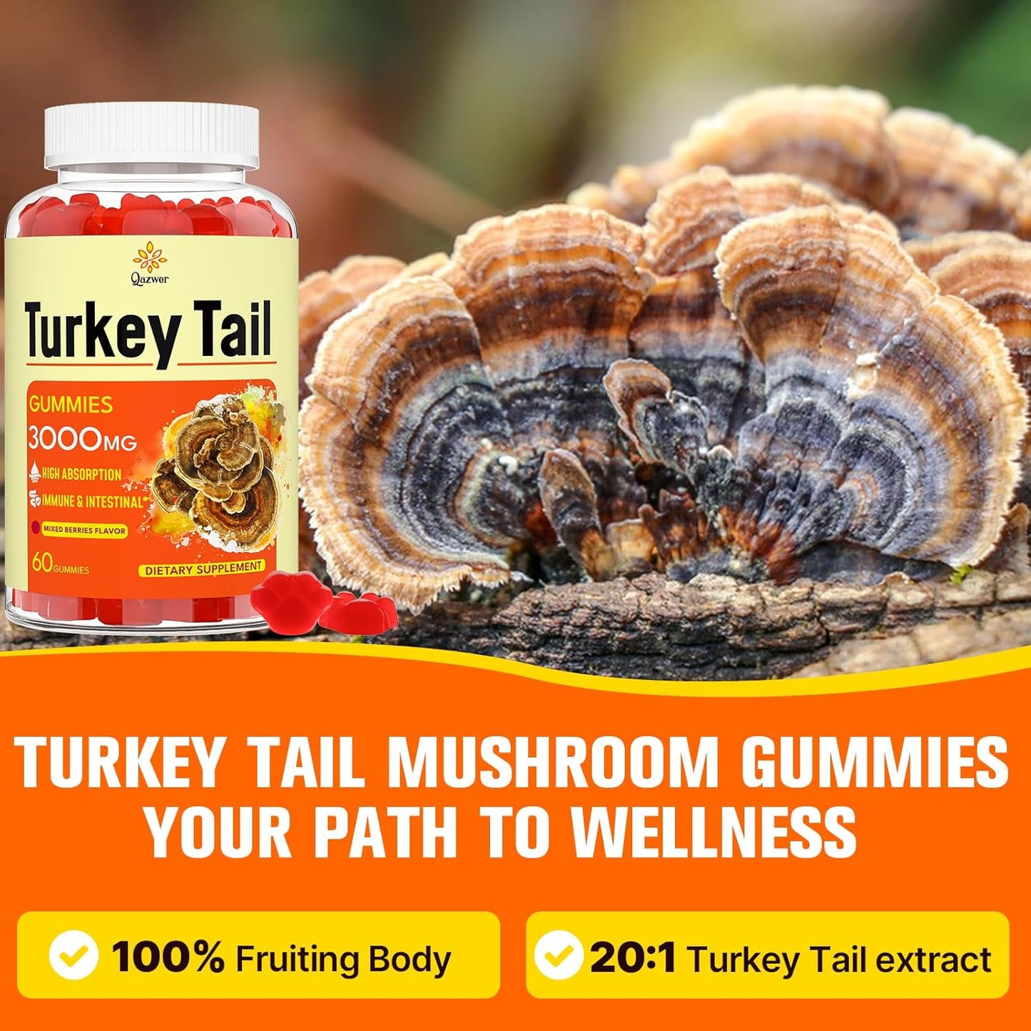 Turkey Tail Mushroom Gummies with Black Pepper for Gut, Energy, Brain & Immune Support - Mixed Berries Flavor - 60ct Vegan Non-GMO Supplement
