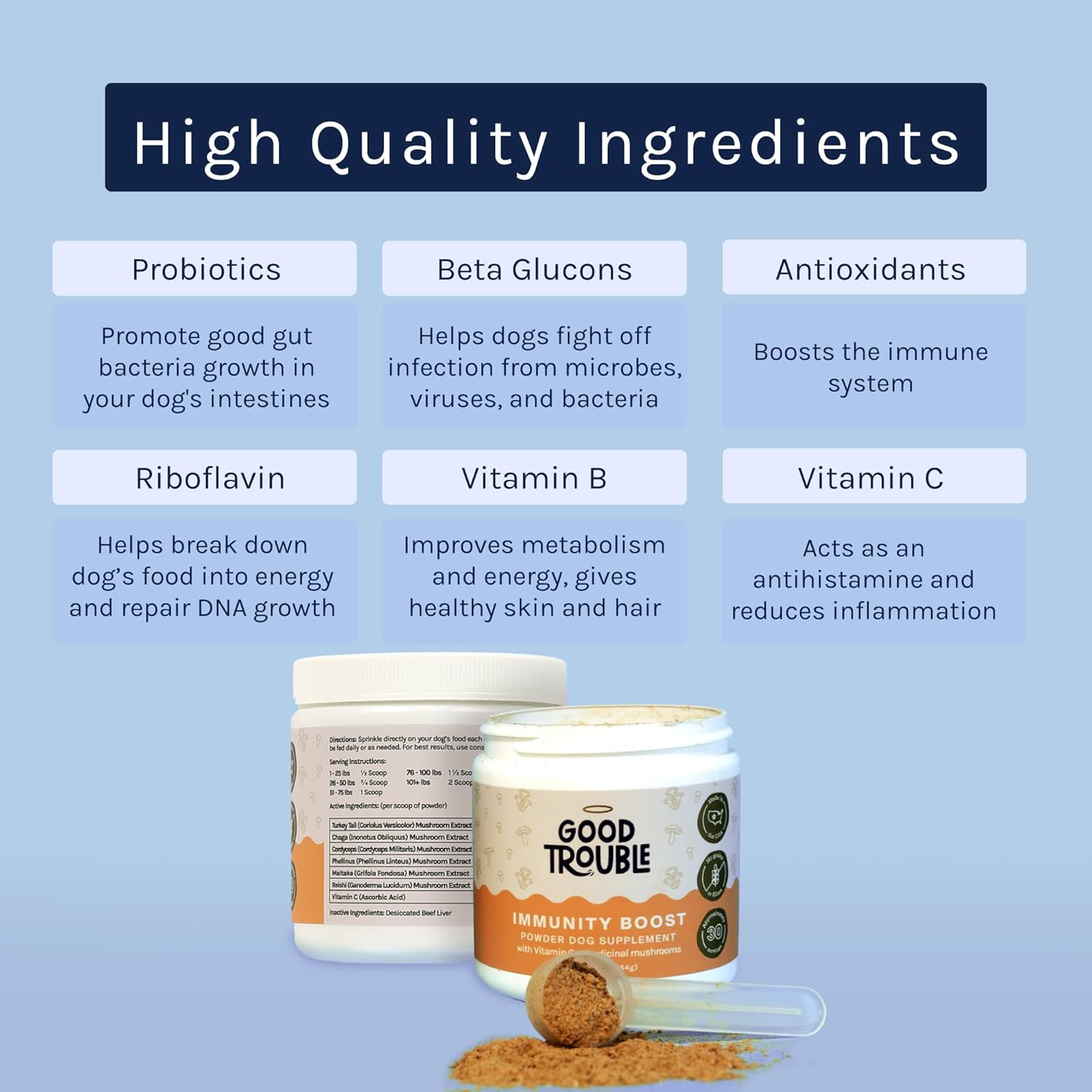 Turkey Tail Mushroom Immunity Boost Powder for Dogs - Allergy & Immune Support Supplement for Small/Large Breeds - Good Trouble Pets 1.9 oz Beef Flavor