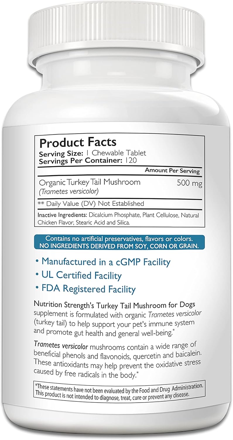 Turkey Tail Mushroom Supplement for Dogs: Immune Support, Gut Health, Antioxidants, Inflammation Relief, Energy Boost - 120 Chewable Tablets