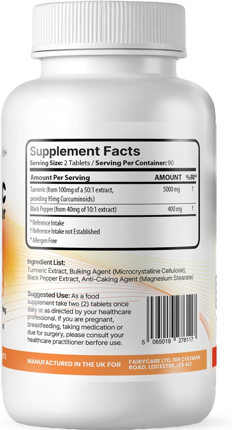 Turmeric and Black Pepper Tablets 5000mg | 95% Curcumin Extract | 180 Vegan Capsules | Men and Women's Supplements