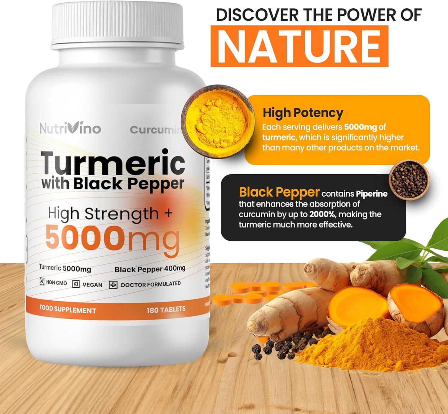 Turmeric and Black Pepper Tablets 5000mg | 95% Curcumin Extract | 180 Vegan Capsules | Men and Women's Supplements