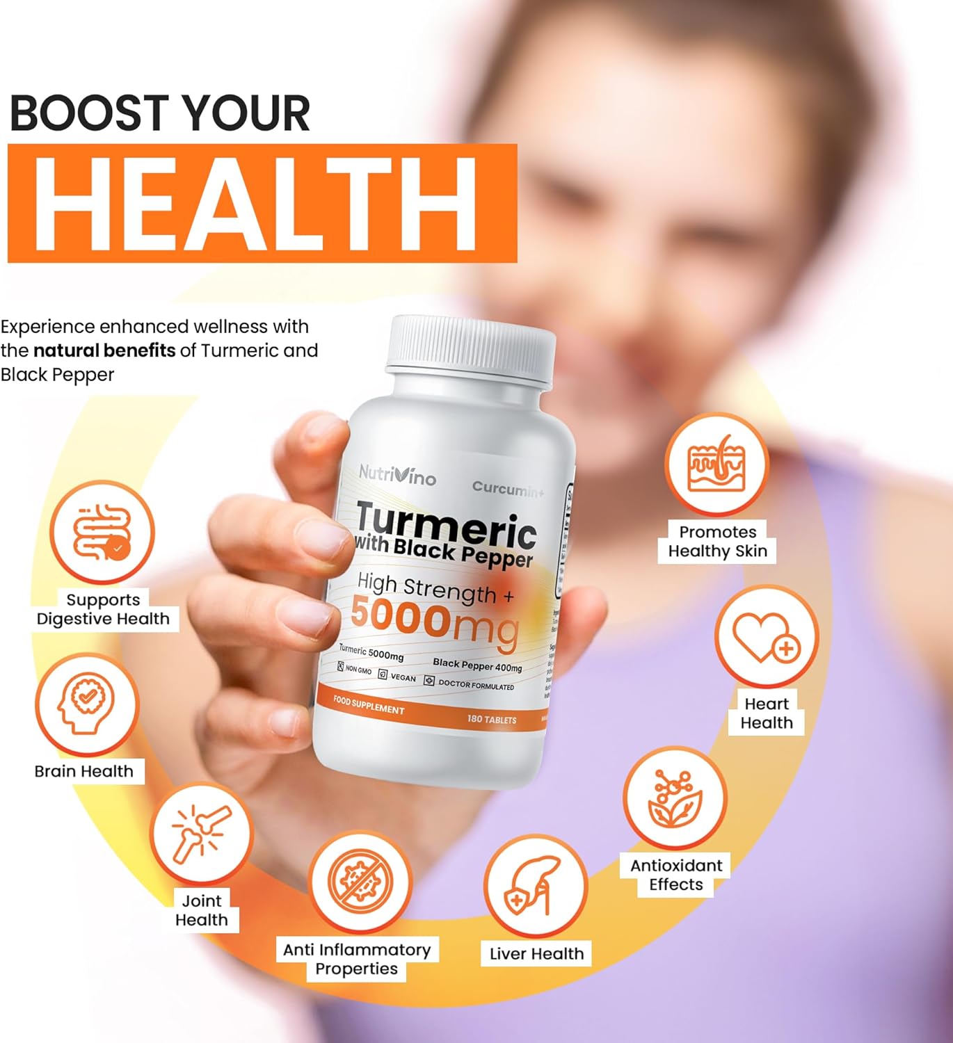 Turmeric and Black Pepper Tablets 5000mg | 95% Curcumin Extract | 180 Vegan Capsules | Men and Women's Supplements