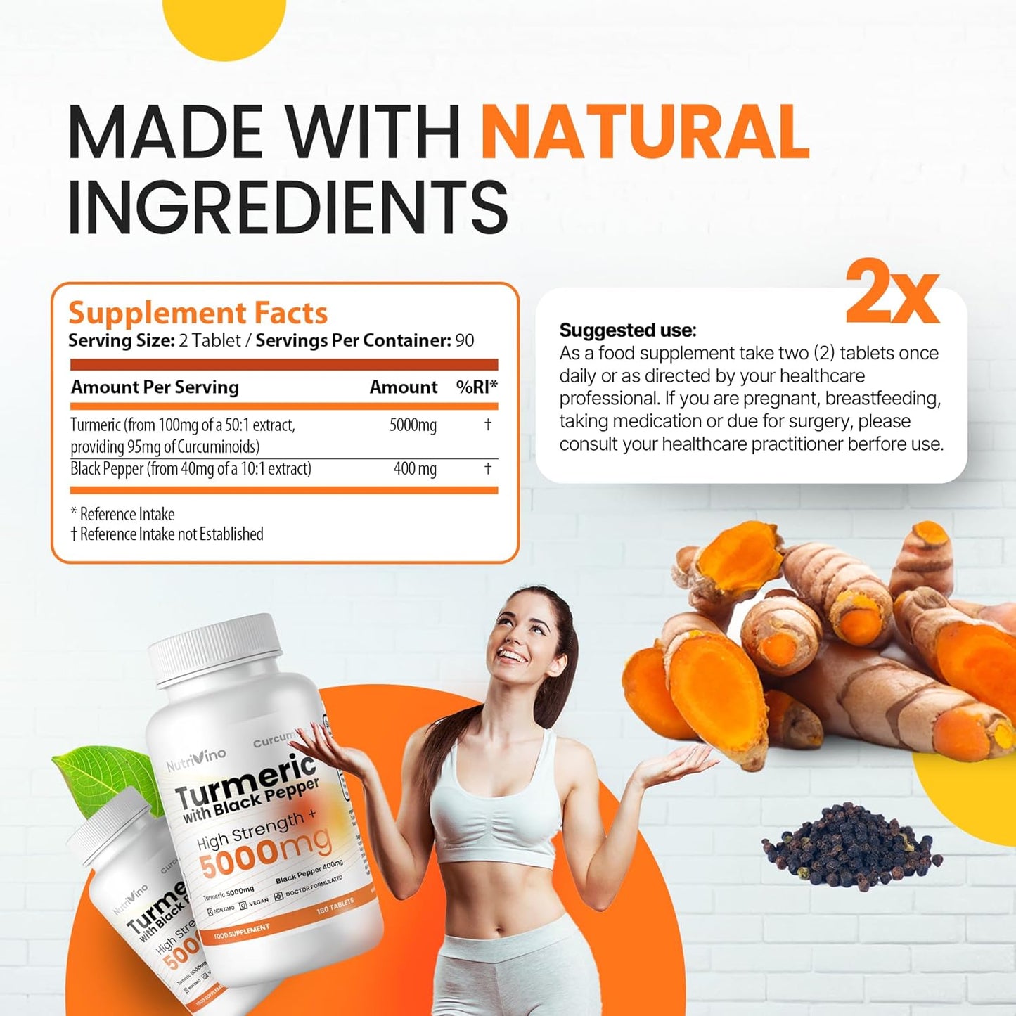 Turmeric and Black Pepper Tablets 5000mg | 95% Curcumin Extract | 180 Vegan Capsules | Men and Women's Supplements