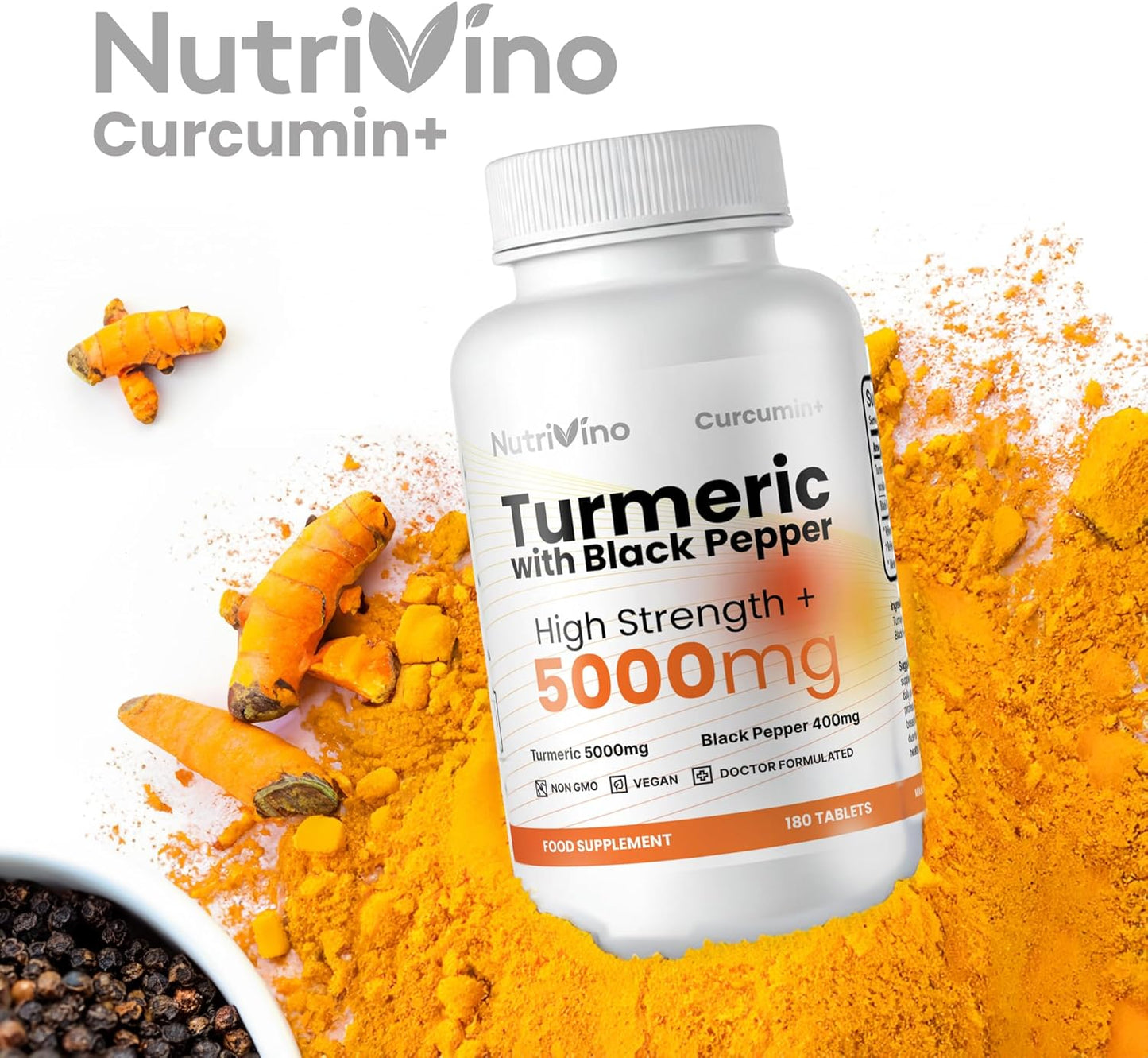 Turmeric and Black Pepper Tablets 5000mg | 95% Curcumin Extract | 180 Vegan Capsules | Men and Women's Supplements