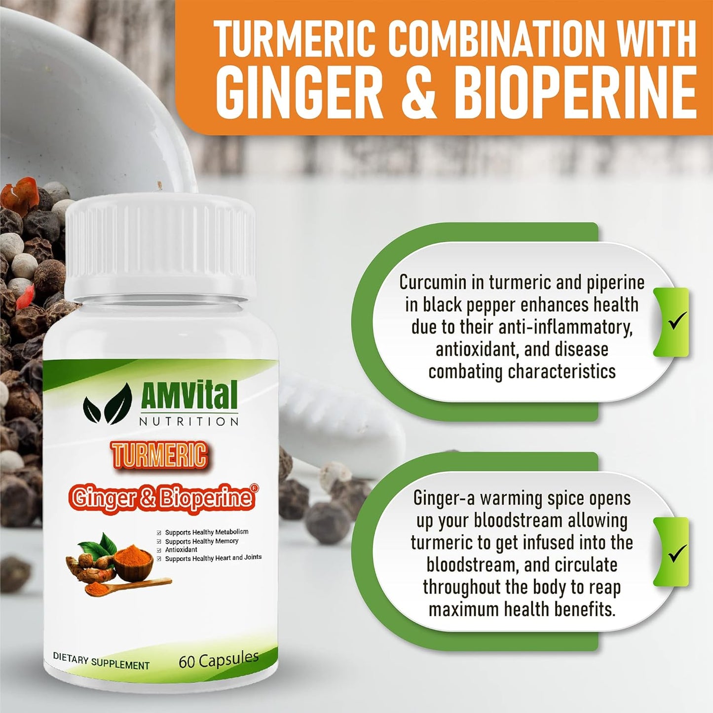 Turmeric Capsules with Ginger & BioPerine - Joint & Immune Support - 60 Capsules