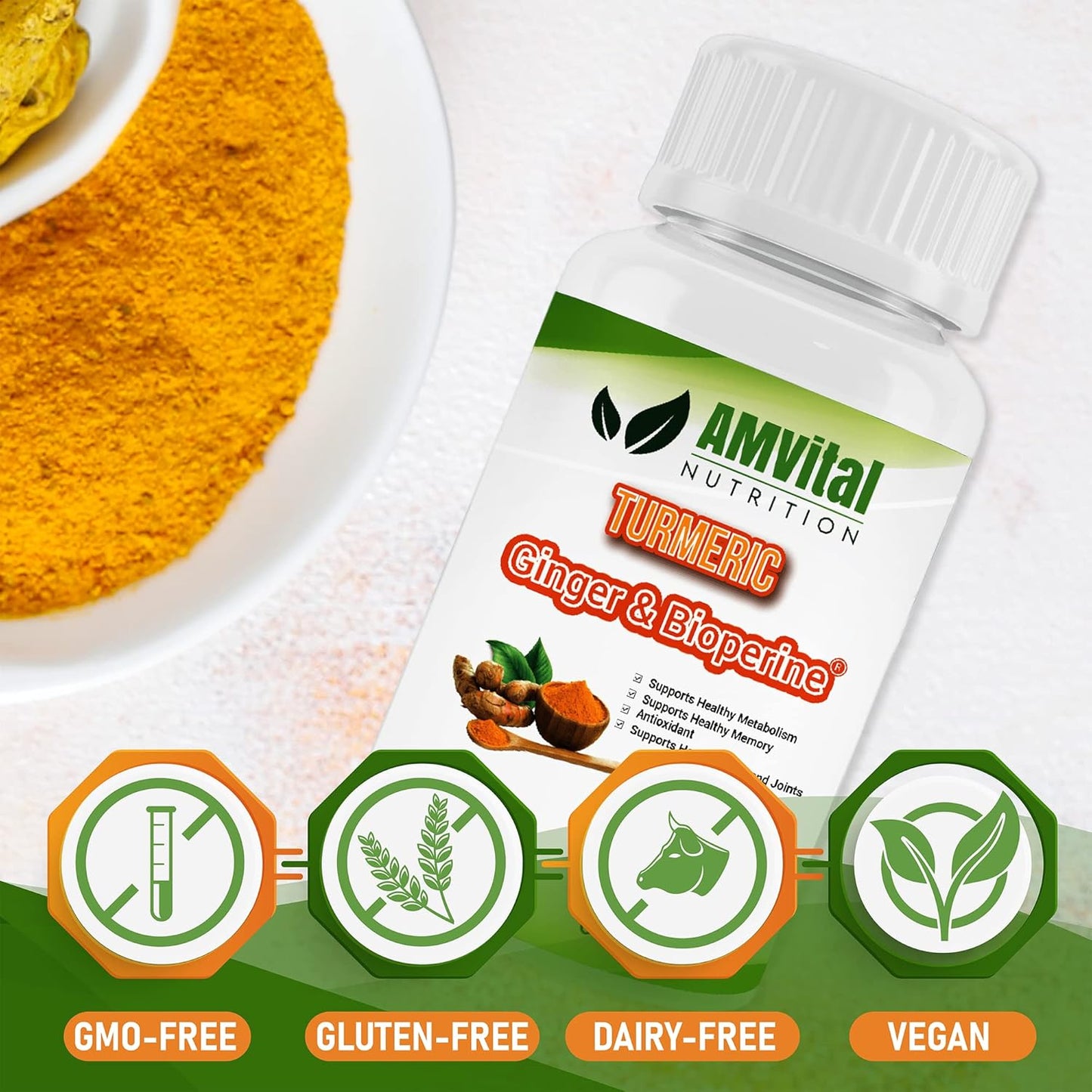 Turmeric Capsules with Ginger & BioPerine - Joint & Immune Support - 60 Capsules