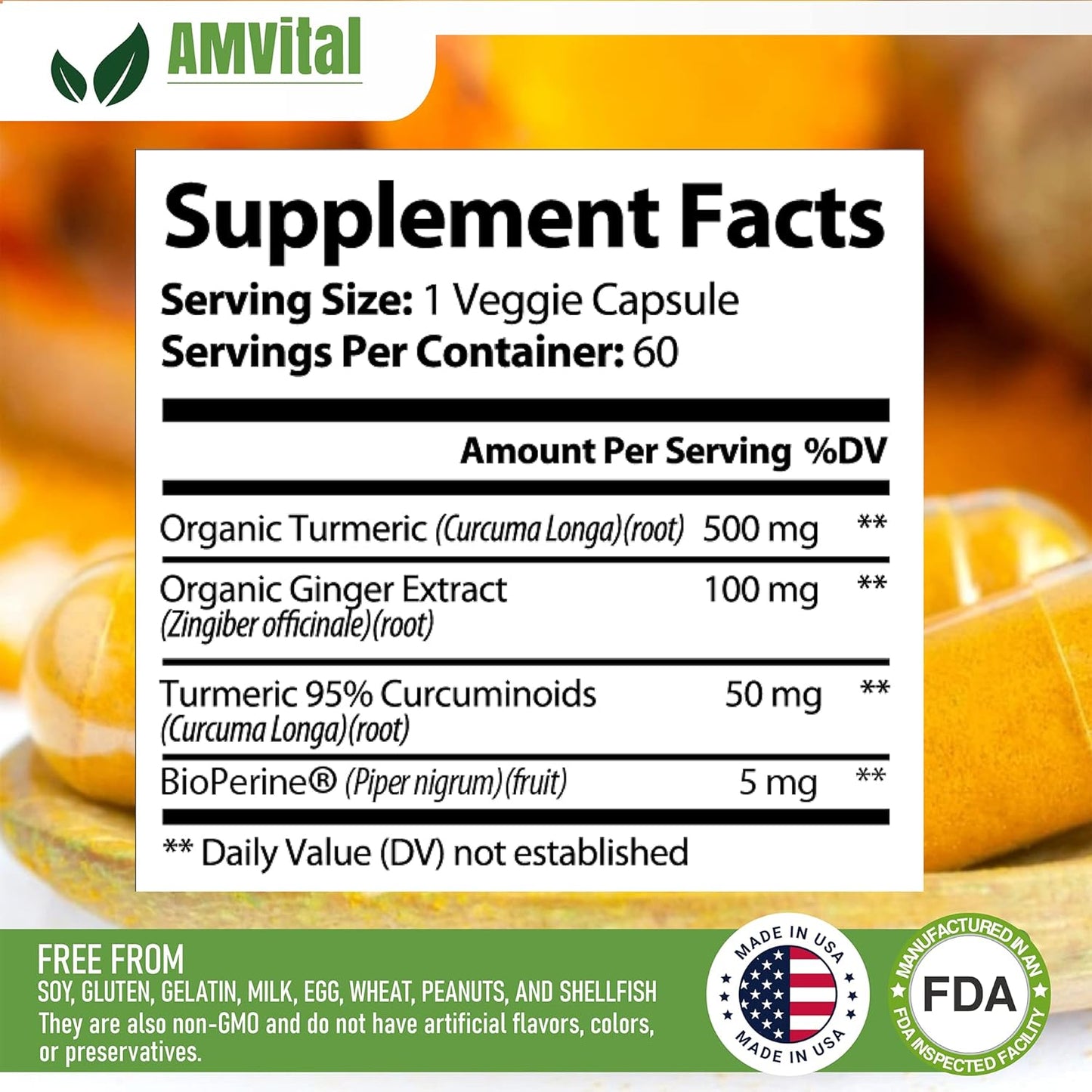 Turmeric Capsules with Ginger & BioPerine - Joint & Immune Support - 60 Capsules