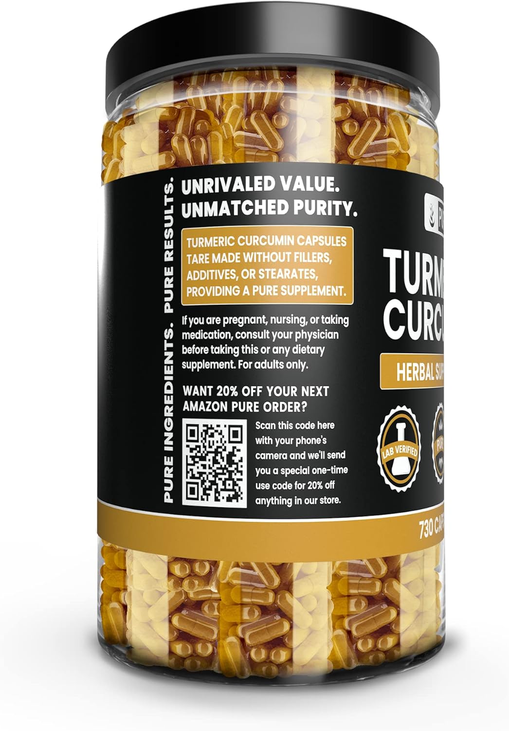 Turmeric Curcumin 730 Capsules - Pure Ingredients, No Magnesium or Rice Fillers, Lab Verified