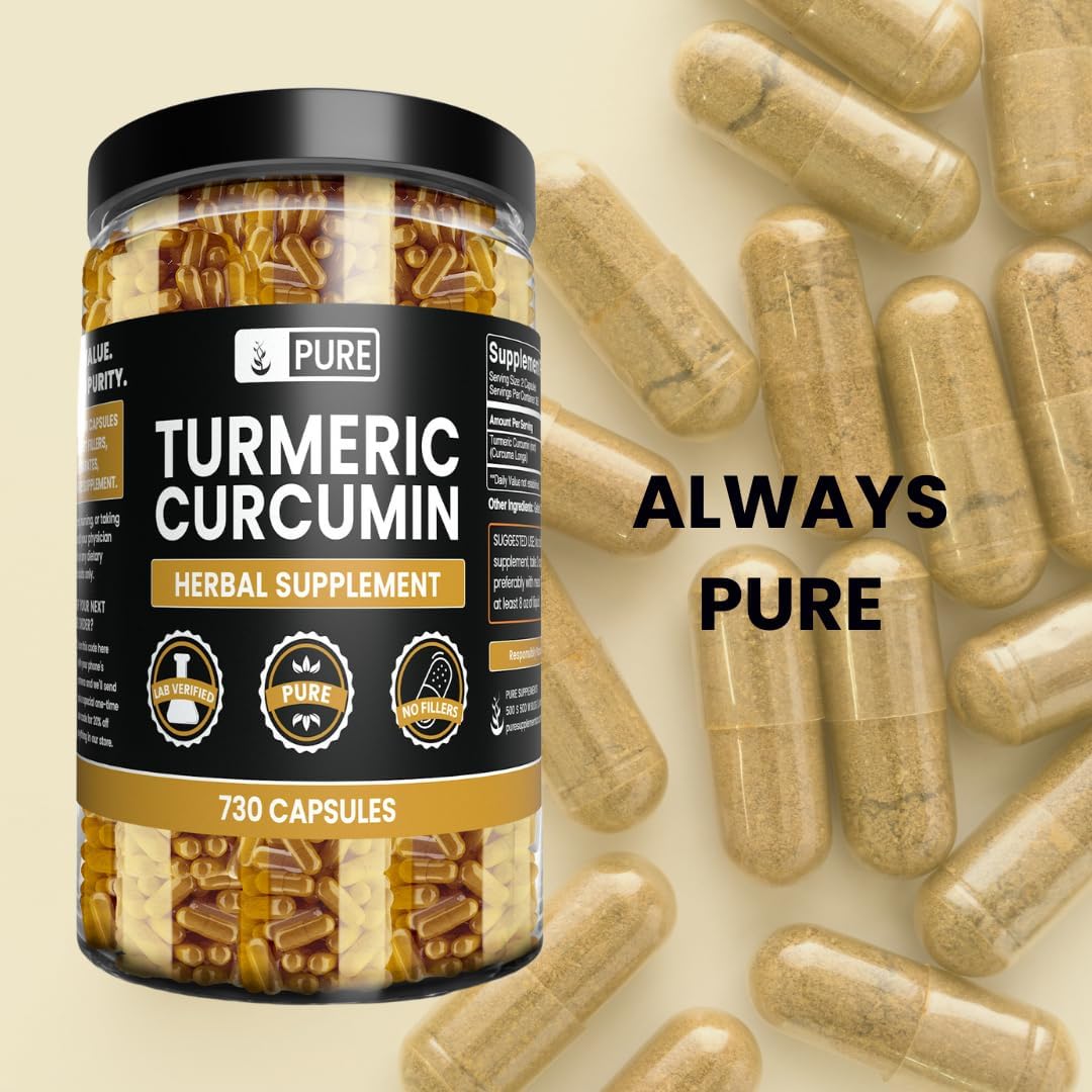 Turmeric Curcumin 730 Capsules - Pure Ingredients, No Magnesium or Rice Fillers, Lab Verified