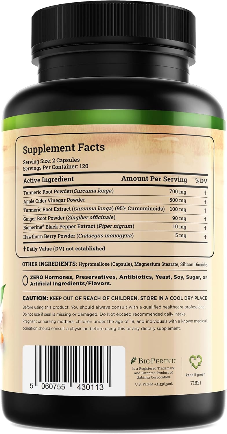 Turmeric Curcumin Supplement with Ginger, Apple Cider Vinegar, BioPerine - 95% Curcuminoids - 240 Capsules