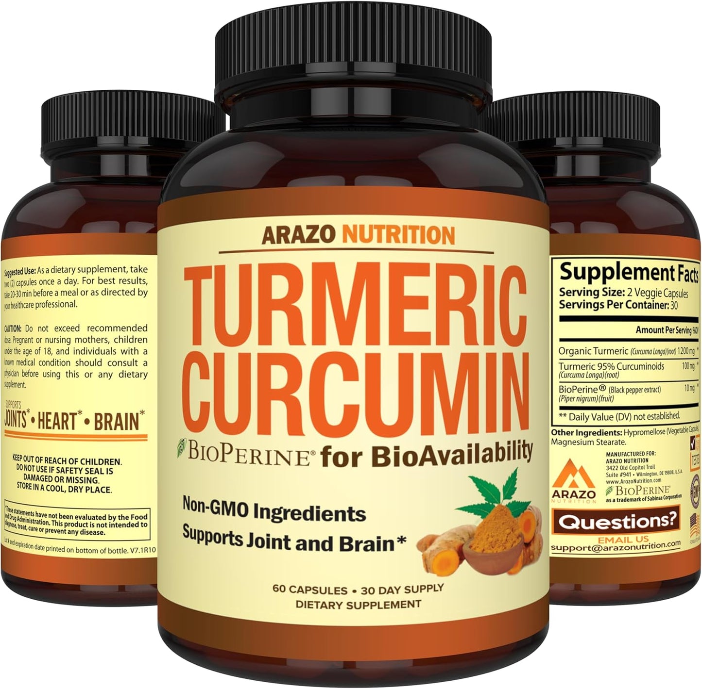 Turmeric Curcumin with BioPerine 1300mg & Black Pepper - Joint Support Herbal Capsules by Arazo Nutrition