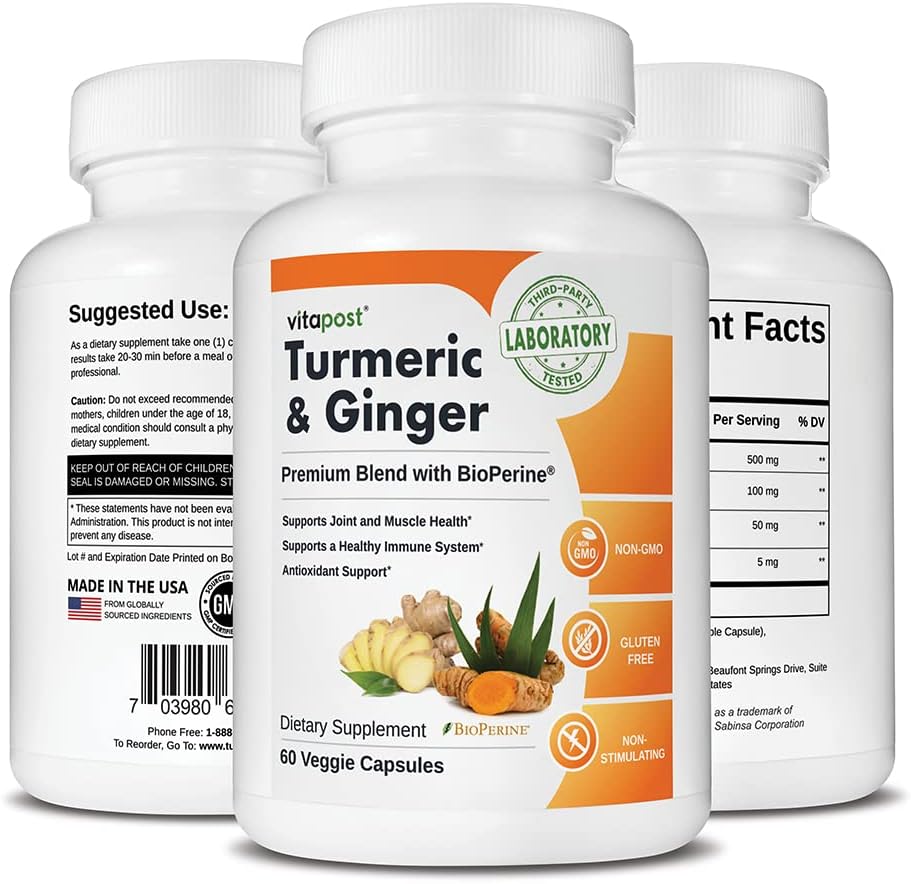 Turmeric & Ginger Capsules with BioPerine for Joint Health & Immune Support - 60 Count