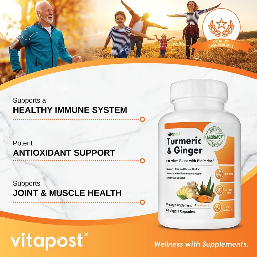 Turmeric & Ginger Capsules with BioPerine for Joint Health & Immune Support - 60 Count
