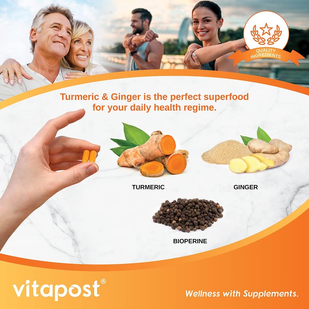 Turmeric & Ginger Capsules with BioPerine for Joint Health & Immune Support - 60 Count