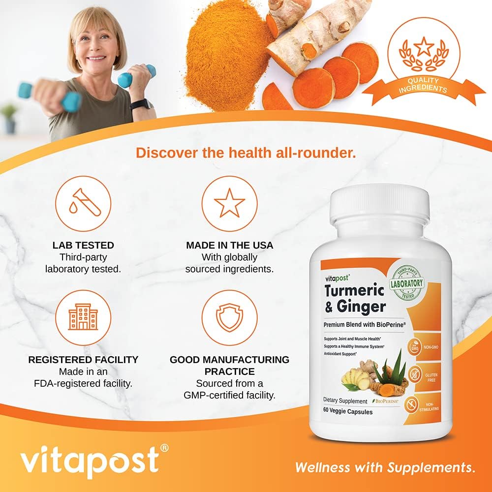 Turmeric & Ginger Capsules with BioPerine for Joint Health & Immune Support - 60 Count