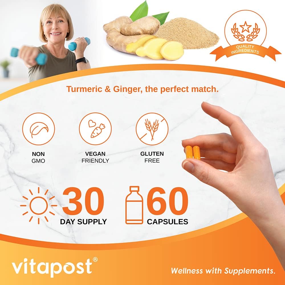 Turmeric & Ginger Capsules with BioPerine for Joint Health & Immune Support - 60 Count